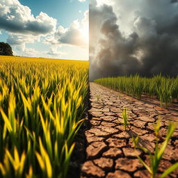 A compelling scene illustrating the impact of climate change on a rice field