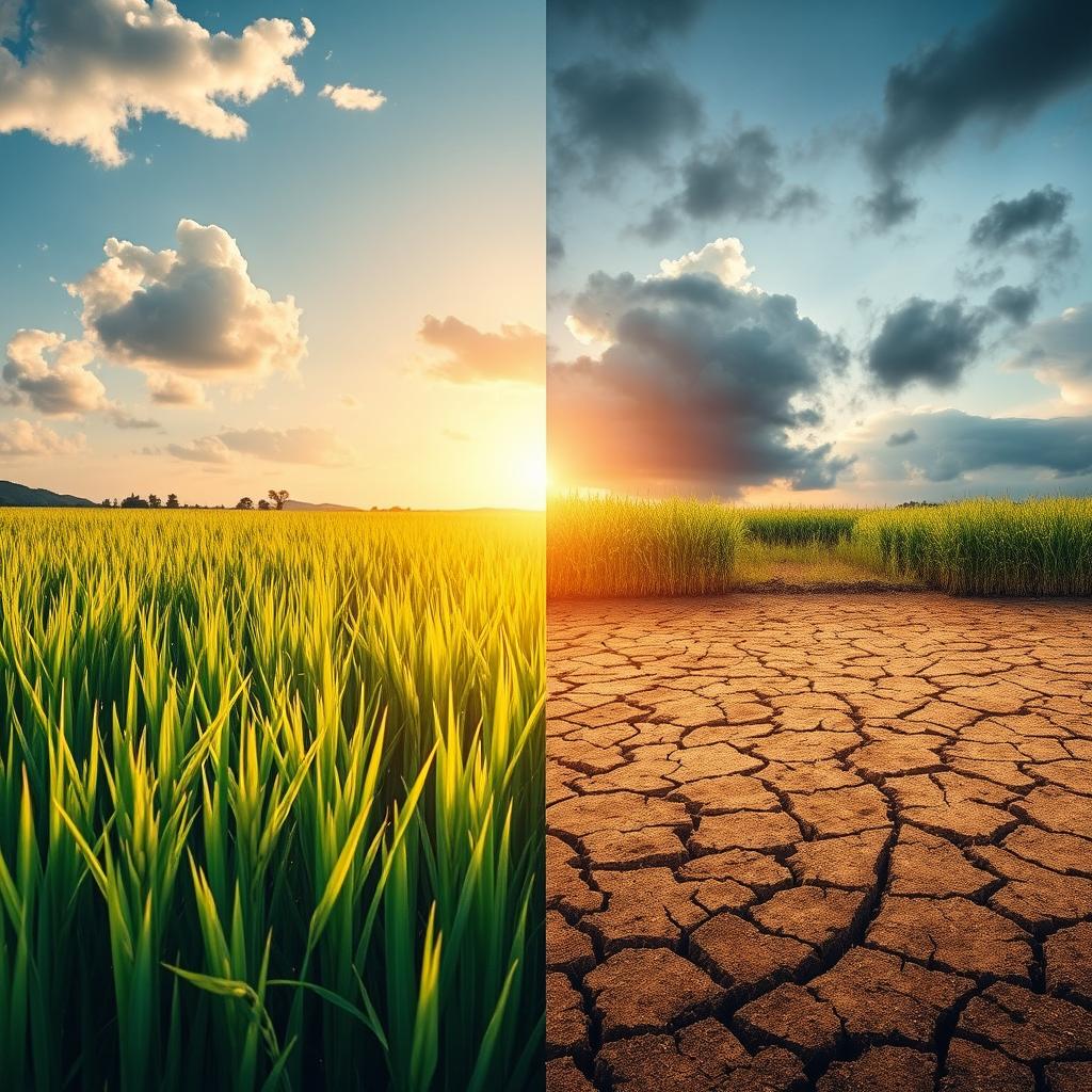 A compelling scene illustrating the impact of climate change on a rice field