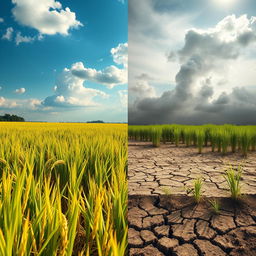 A compelling scene illustrating the impact of climate change on a rice field