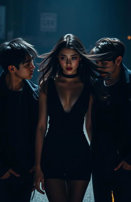 A captivating scene featuring a beautiful woman with flowing dark hair standing between two charismatic BTS members, Jungkook and V