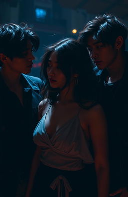 A captivating scene featuring a beautiful woman with flowing dark hair standing between two charismatic BTS members, Jungkook and V