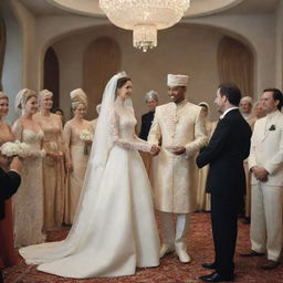 A wedding ceremony in the year 2522, illustrating an innovative blend of tradition and future, unique attire, advanced technology in decor and celebration