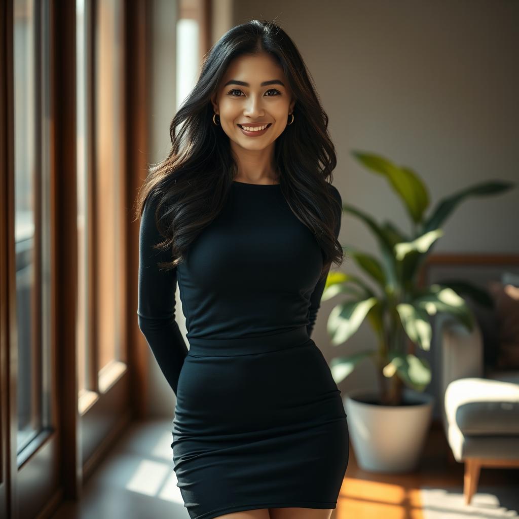 An ultra realistic portrayal of an attractive Asian mature woman wearing a form-fitting, stylish tight skirt that accentuates her figure