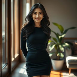 An ultra realistic portrayal of an attractive Asian mature woman wearing a form-fitting, stylish tight skirt that accentuates her figure