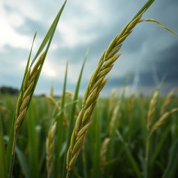 A captivating and detailed close-up of a rice plant illustrating the effects of climate change