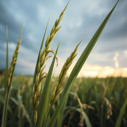 A captivating and detailed close-up of a rice plant illustrating the effects of climate change