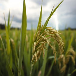 A captivating and detailed close-up of a rice plant illustrating the effects of climate change