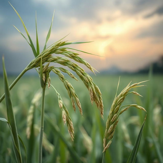 A captivating and detailed close-up of a rice plant illustrating the effects of climate change