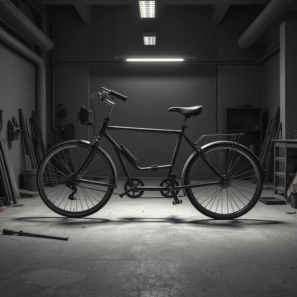 A realistic depiction of a tandem bike that has been cut in half, lying on the floor of a monochrome workshop