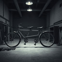 A realistic depiction of a tandem bike that has been cut in half, lying on the floor of a monochrome workshop