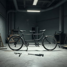 A realistic depiction of a tandem bike that has been cut in half, lying on the floor of a monochrome workshop