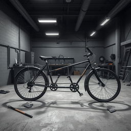 A realistic depiction of a tandem bike that has been cut in half, lying on the floor of a monochrome workshop