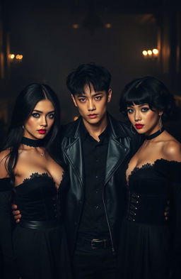 A dark romance scene featuring two beautiful women and a tall man resembling Jungkook from BTS