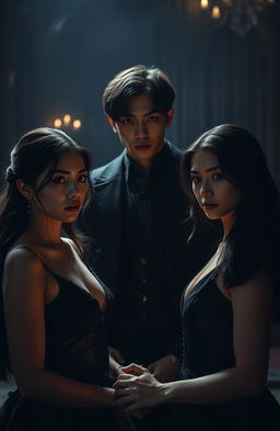 A dark romance storyline featuring two beautiful women and a tall male character resembling Jungkook from BTS