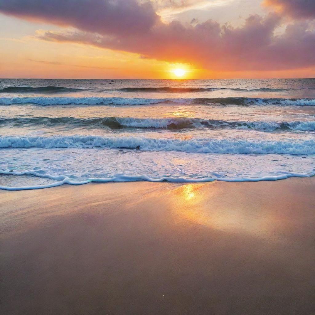 A beautiful sunset over a serene beach, with rolling waves and a sky full of vibrant colors.