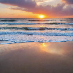 A beautiful sunset over a serene beach, with rolling waves and a sky full of vibrant colors.