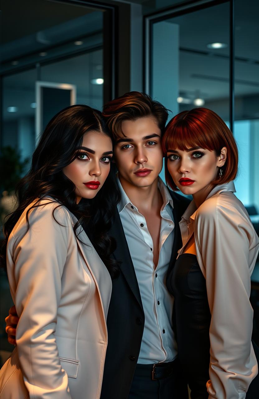 A dark romance scene featuring two beautiful women with striking features alongside Jungkook, in a modern office setting