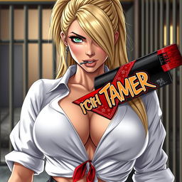 A close-up shot of a sexy female character with long blonde hair tied back, wearing a white shirt tied in front which accentuates her large chest and cleavage