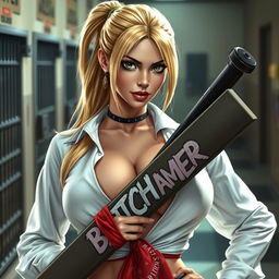 A close-up shot of a sexy female character with long blonde hair tied back, wearing a white shirt tied in front which accentuates her large chest and cleavage