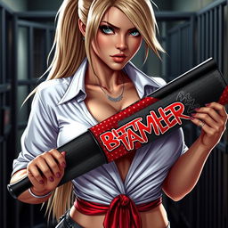 A close-up shot of a sexy female character with long blonde hair tied back, wearing a white shirt tied in front which accentuates her large chest and cleavage