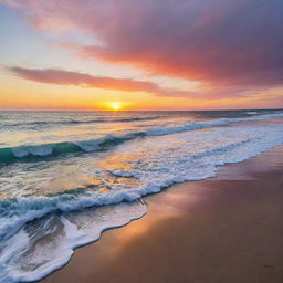 A beautiful sunset over a serene beach, with rolling waves and a sky full of vibrant colors.