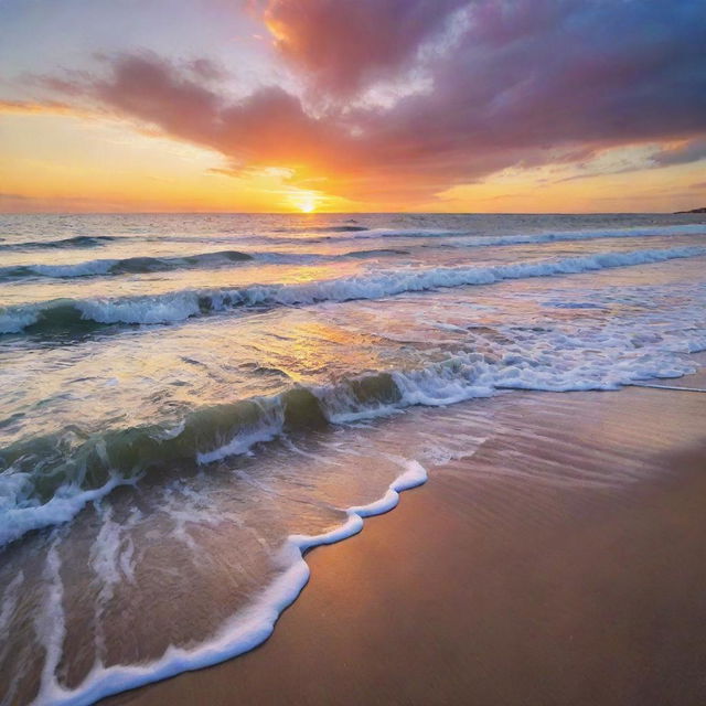 A beautiful sunset over a serene beach, with rolling waves and a sky full of vibrant colors.