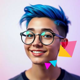 A vibrant and eye-catching profile picture featuring a charismatic young adult with striking blue hair styled in an edgy cut, wearing stylish round glasses