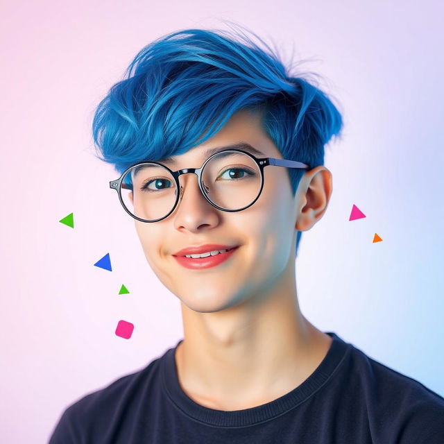 A vibrant and eye-catching profile picture featuring a charismatic young adult with striking blue hair styled in an edgy cut, wearing stylish round glasses