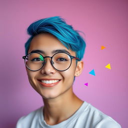 A vibrant and eye-catching profile picture featuring a charismatic young adult with striking blue hair styled in an edgy cut, wearing stylish round glasses