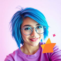 A vibrant and eye-catching profile picture featuring a charismatic young adult with striking blue hair styled in an edgy cut, wearing stylish round glasses