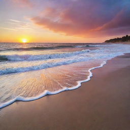 A beautiful sunset over a serene beach, with rolling waves and a sky full of vibrant colors.