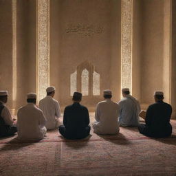 A serene scene of diverse group of individuals deeply immersed in reading the Quran, each glowing with tranquility and peace