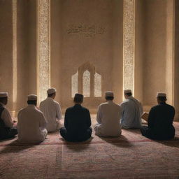 A serene scene of diverse group of individuals deeply immersed in reading the Quran, each glowing with tranquility and peace