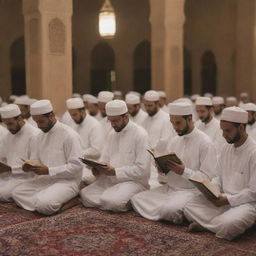 A serene scene of diverse group of individuals deeply immersed in reading the Quran, each glowing with tranquility and peace