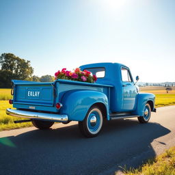 A bright blue vintage pickup truck parked on a scenic countryside road, surrounded by green fields and a clear blue sky