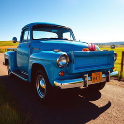 A bright blue vintage pickup truck parked on a scenic countryside road, surrounded by green fields and a clear blue sky