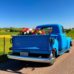 A bright blue vintage pickup truck parked on a scenic countryside road, surrounded by green fields and a clear blue sky