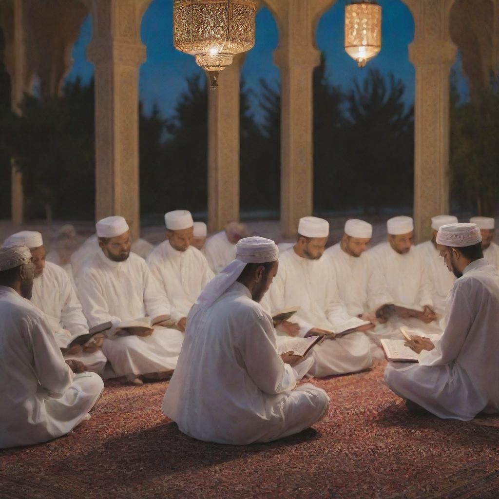 A serene scene of diverse group of individuals deeply immersed in reading the Quran, each glowing with tranquility and peace