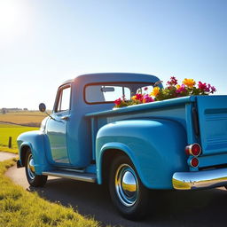 A bright blue vintage pickup truck parked on a scenic countryside road, surrounded by green fields and a clear blue sky