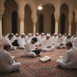 A serene scene of diverse group of individuals deeply immersed in reading the Quran, each glowing with tranquility and peace