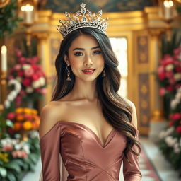 A beautiful 23-year-old Asian princess wearing a stunning, form-fitting dress that highlights her figure, elegantly paired with a delicate crown adorned with sparkling jewels