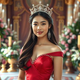 A beautiful 23-year-old Asian princess wearing a stunning, form-fitting dress that highlights her figure, elegantly paired with a delicate crown adorned with sparkling jewels