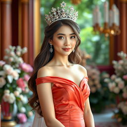 A beautiful 23-year-old Asian princess wearing a stunning, form-fitting dress that highlights her figure, elegantly paired with a delicate crown adorned with sparkling jewels