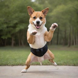 A dynamic and energetic image of a dog performing kung fu moves in a fun and playful manner.