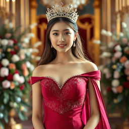 A beautiful 23-year-old Asian princess wearing a stunning, form-fitting dress that highlights her figure, elegantly paired with a delicate crown adorned with sparkling jewels