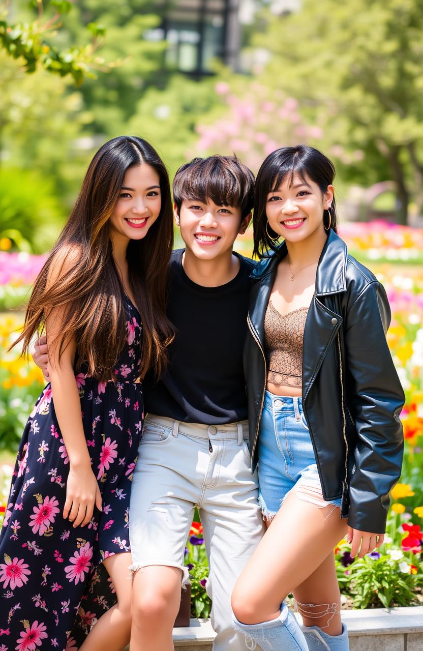 A vibrant and lively scene featuring two beautiful women posing with Jungkook from BTS