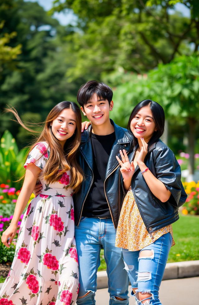 A vibrant and lively scene featuring two beautiful women posing with Jungkook from BTS