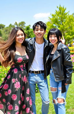 A vibrant and lively scene featuring two beautiful women posing with Jungkook from BTS