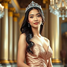 A captivating 23-year-old Asian princess wearing a tight, elegant dress that accentuates her curves, beautifully complemented by a sparkling tiara perched atop her head