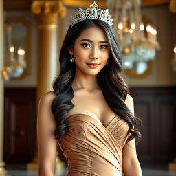 A captivating 23-year-old Asian princess wearing a tight, elegant dress that accentuates her curves, beautifully complemented by a sparkling tiara perched atop her head